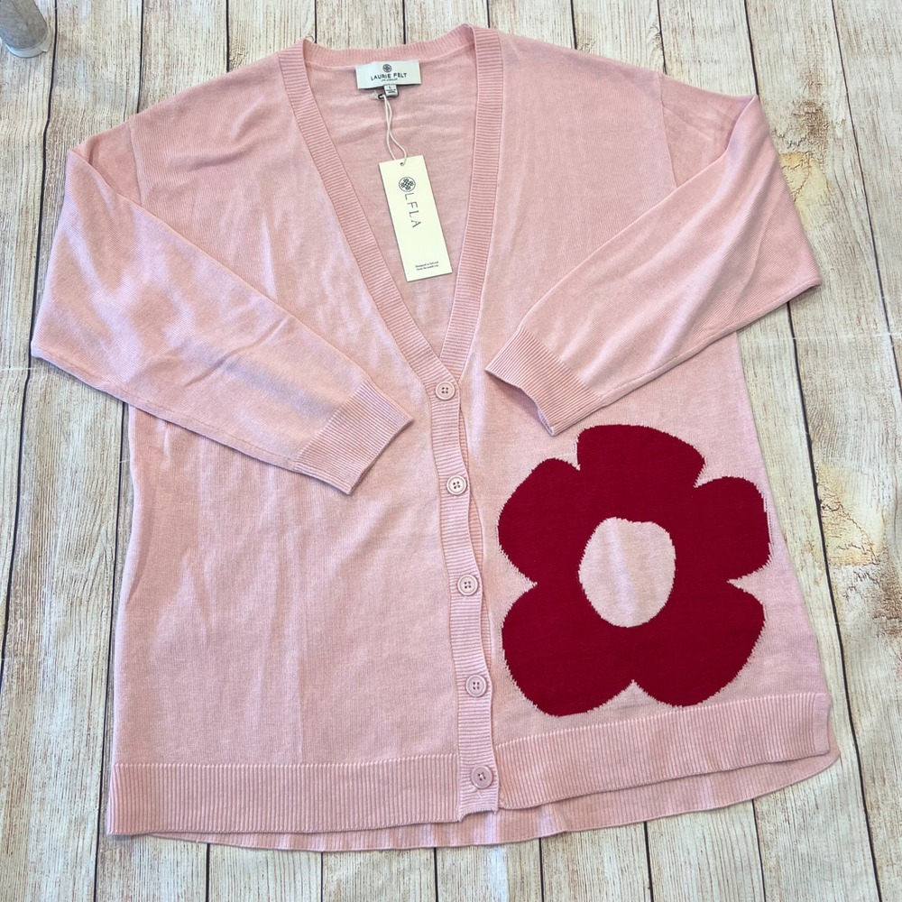 Laurie Felt Pink Cashmere‎ Blend Flower V-Neck Cardigan Sweater Large NEW